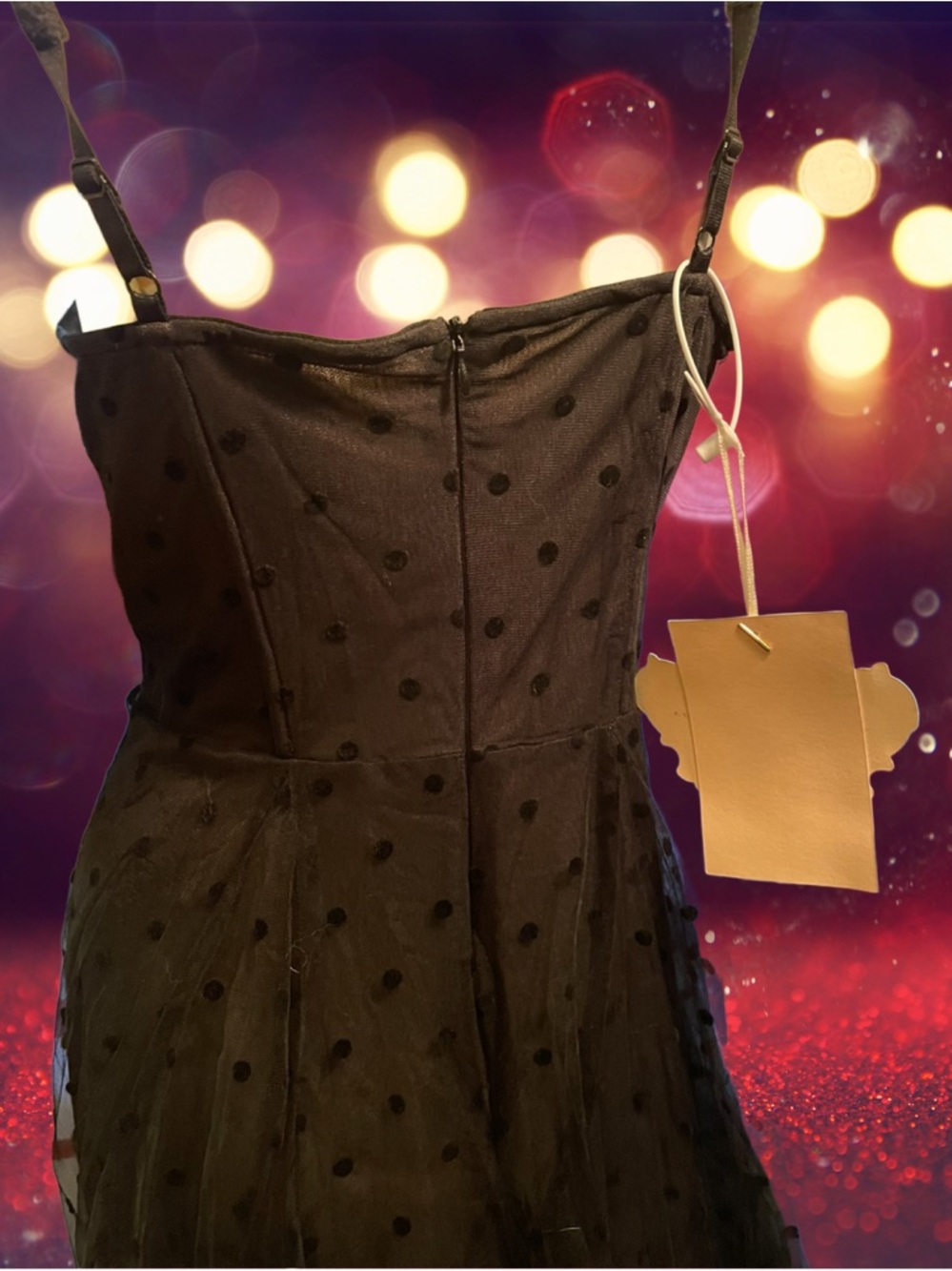 ✨NWT✨LACEMADE Dream Harbor Midnight 🖤Black Corset Sheer Polka Dot Midi Dress - Picture 10 of 16